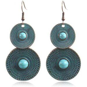 Turquoise Two loops Bronze Vintage Long Summer Earring for Women Jewelry